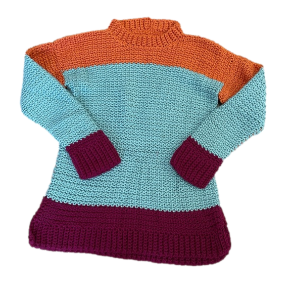 VINTAGE Handmade Orange Teal and Maroon Loose Knit Crochet Pullover Sweater - Picture 1 of 10